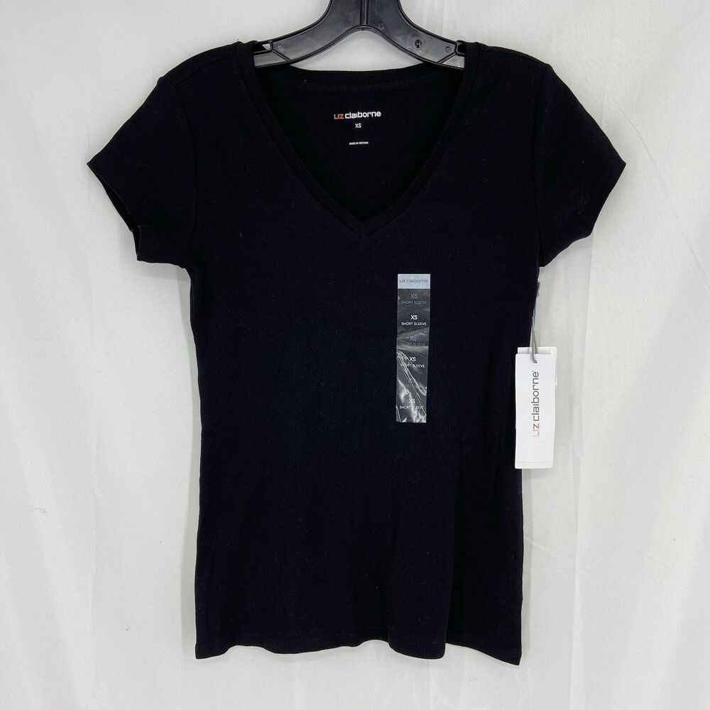 LIZ CLAIBORNE Black Short Sleeve V-Neck T-Shirt Size Extra Small XS NWT